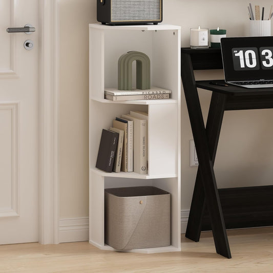 Furinno ECON Corner Shelf, 3-Tier Corner Book Shelf, Storage Shelves, Display Rack, Bookshelf, for Organization and Storage, Living Room, Home Office, Plain White