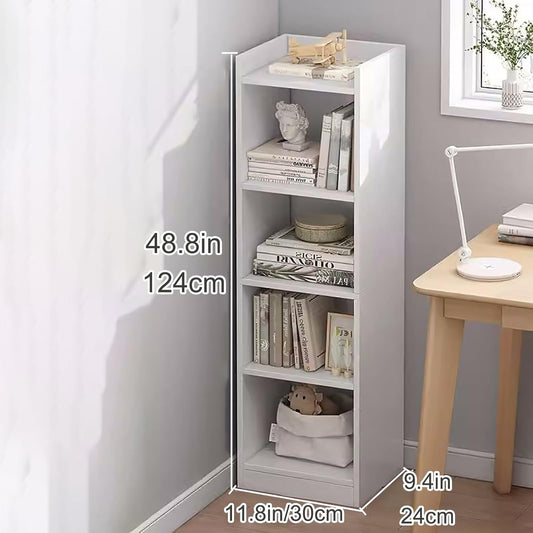 Tall Narrow Corner Bookcase - Four-Tier White Bookshelf with Open Shelves, Space-Saving Storage Tower Rack, Modern Cubes Shelf for Small Spaces