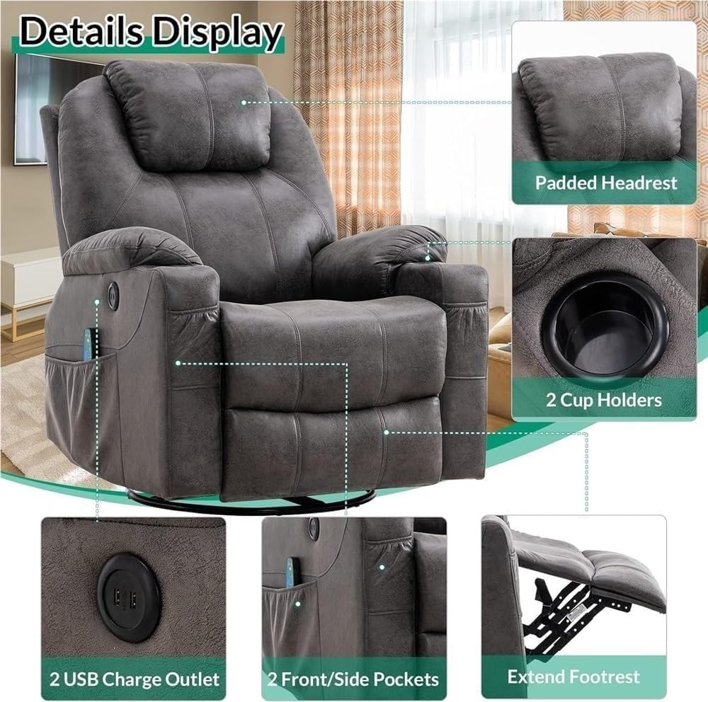 Ergonomic Swivel Rocker Recliner Chair with Massage and Heat, Gray Single Glider Lounge Sofa for Living Room, 2 Cup Holders and Built-in USB Ports