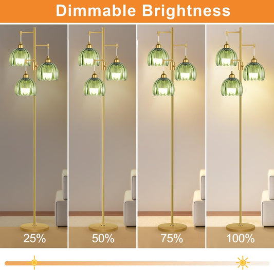 Dimmable Floor Lamps for Living Room-3 Light Gold Floor Lamp with Three Bulbs & Glass Lampshape, Mid Century Modern Standing Lamp Tree Tall Flower Floor Lamp for Bedroom Living Room,Corner