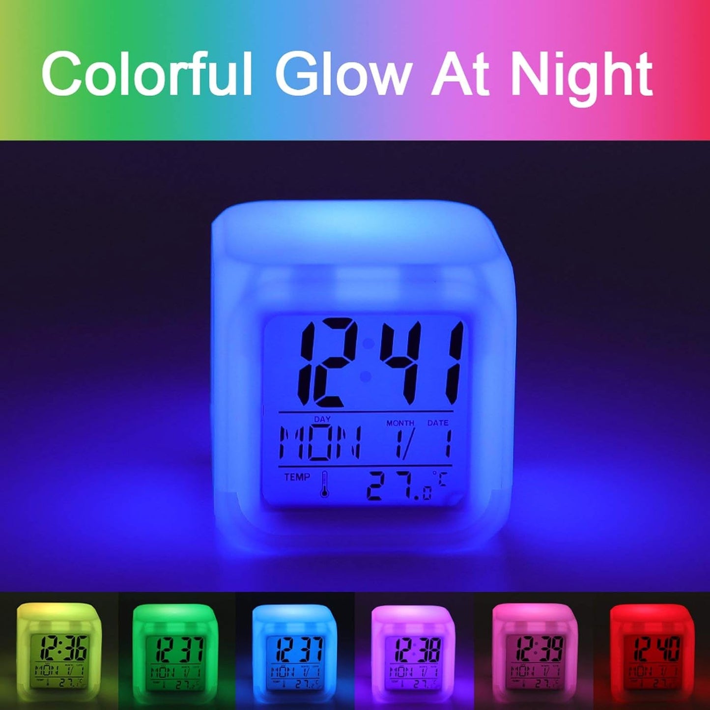 Green Round Wolf 7 Color Changing LED Night Light Alarm Clock Compact 3.1" Cube with Time Date Temperature Display Battery-Powered Auto-Cycling Mood Light for Bedroom Dorm & Travel