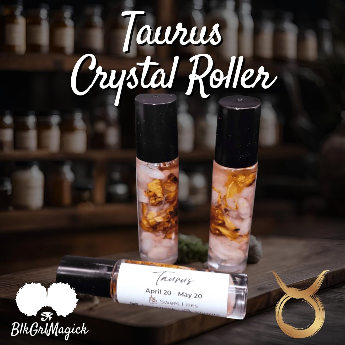 BlkGrlMagick TAURUS Zodiac Crystal Candle, White Tea Leaves Scent Kunzite, Rose Quartz, Fenugreek, Handmade April May Birthday Candles, Astrology Gifts for Sun Moon Rising Sign (16oz Jar)