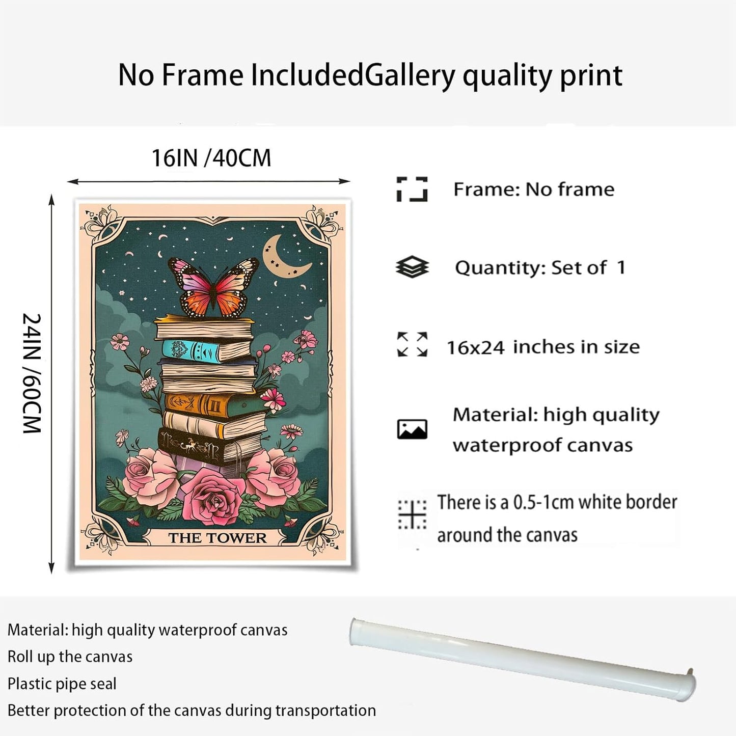 Tarot Card Books Poster Wall art Butterfly Botanical Flower Wall Art Library Reading Canvas Prints Gift for Book Lovers Vintage Bookish Decor 16x24 inch Unframed