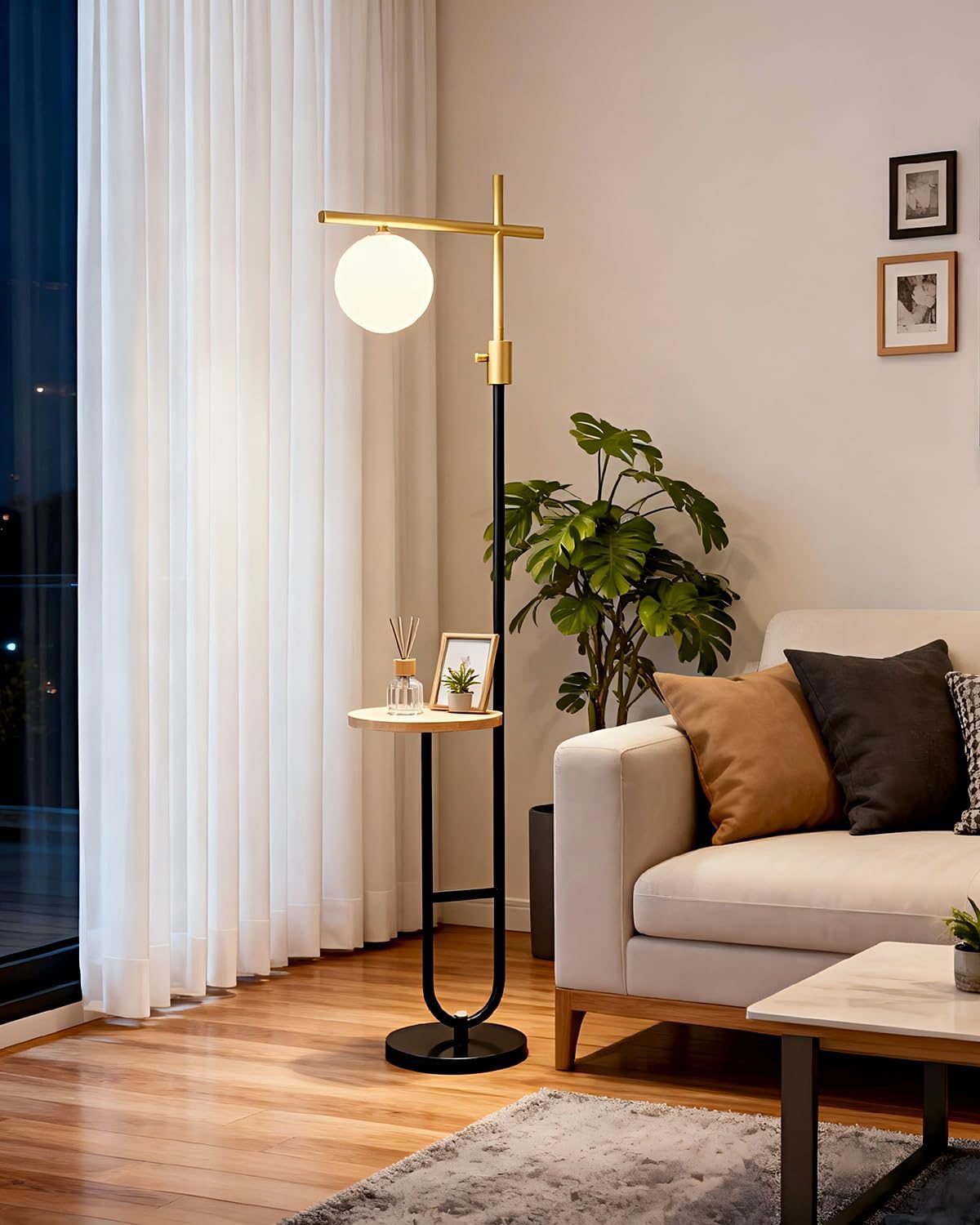 Floor Lamp with Shelves, Modern Standing Tall Lamp with Milky White Globe Lampshade, Cross-Shaped Lamp Head and U-Pole Base Style Floor Lamps for Living Room, 66IN Gold & Black Dimmable