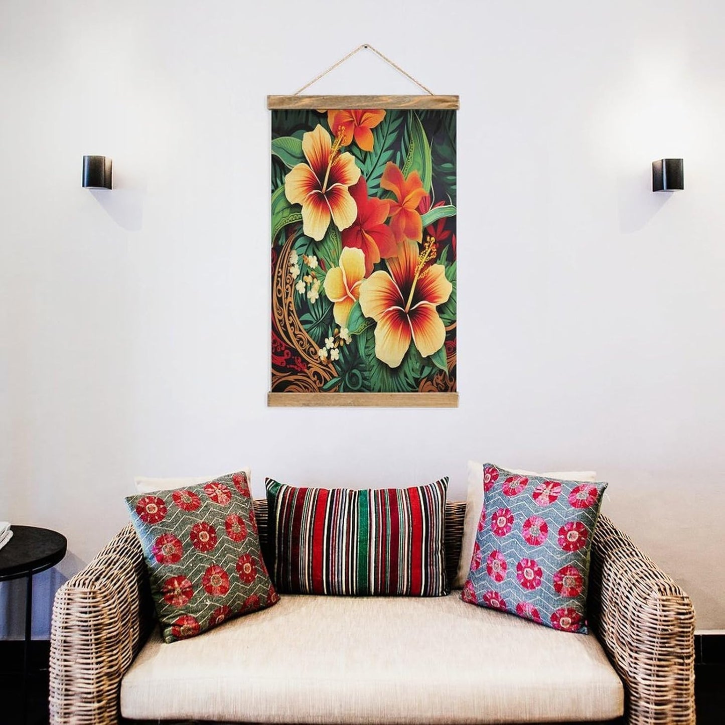 Vintage Hawaiian Style Print Pattern Poster with Wooden Frame Personalized Linen Hanging Scroll Painting Rustic Wall Hanging Illustrative Modern Artwork Decor for Home Living Room Bedroom Office