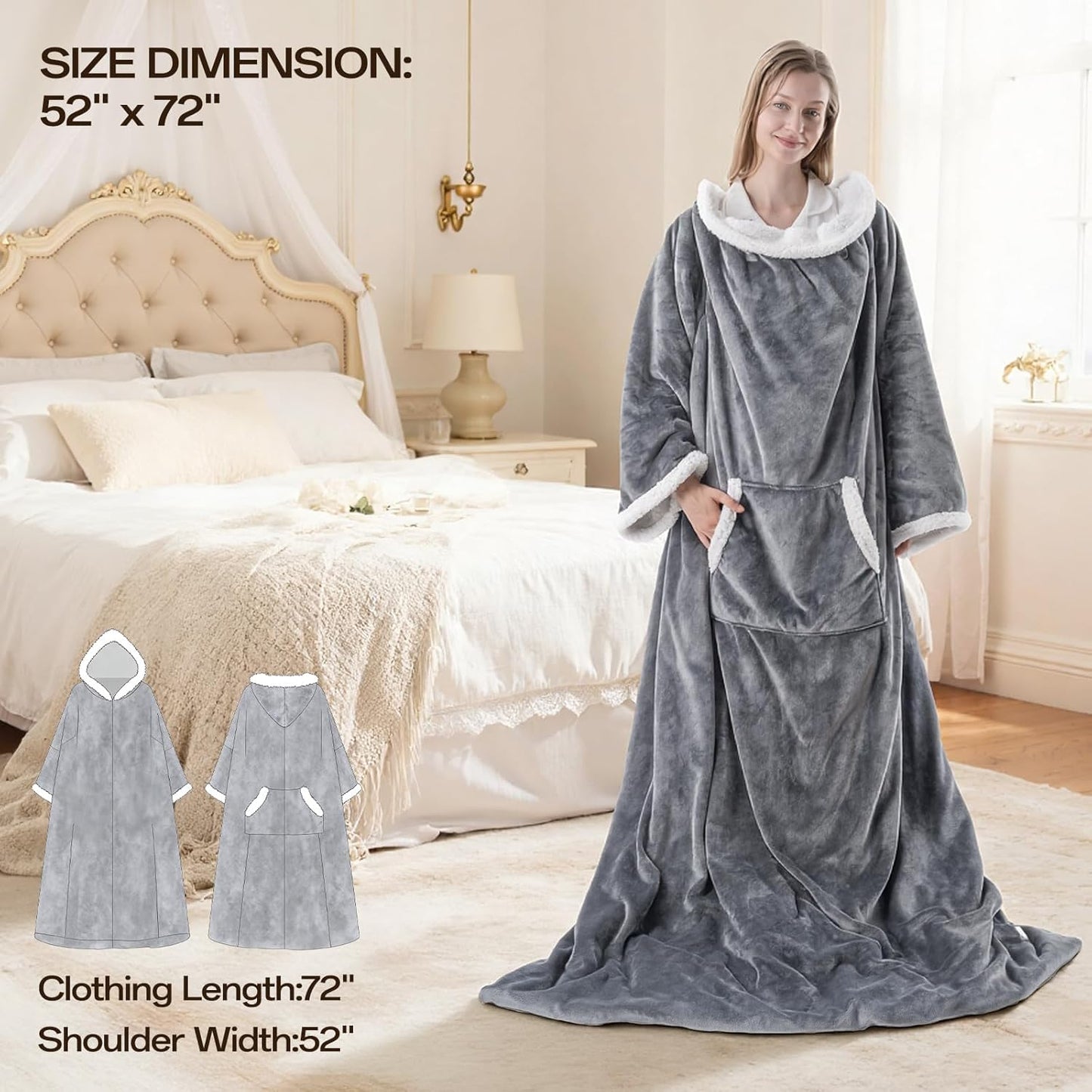Wearable Electric Blanket Heated Throw, 52" x 72" Fast Heating Wrap Poncho Shawl with Foot Pocket & Sleeves, 6 Heat Levels & 12 Hours Auto Shut-Off, Machine Washable, ETL & FCC Certified, Grey