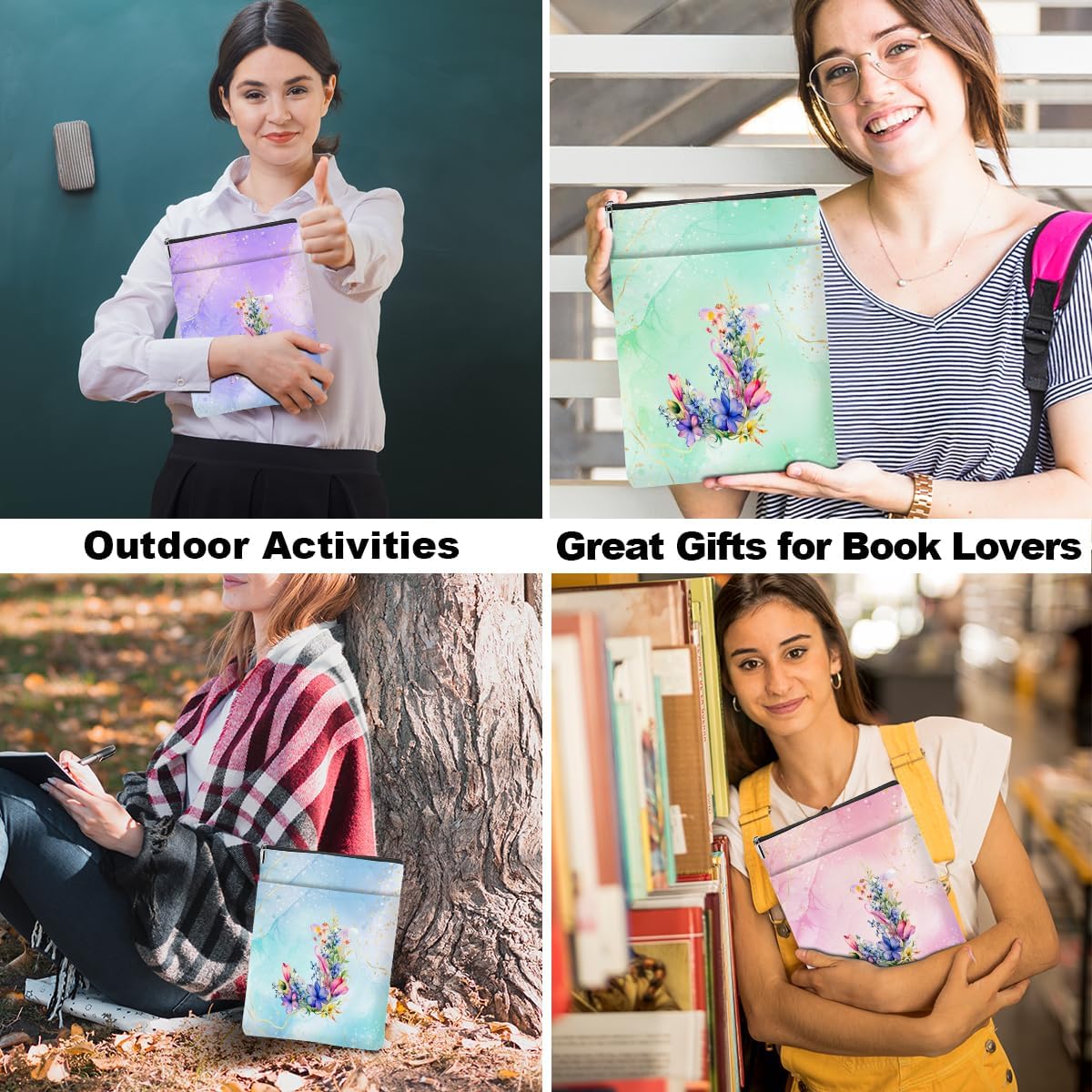 4Pcs Initial J Book Lovers Gifts Book Sleeve Waterproof Books Cover Pouch Personalized Monogrammed Gifts for Women Men Girl Reader Bookish Reading Accessories for Birthday Christmas Appreciation