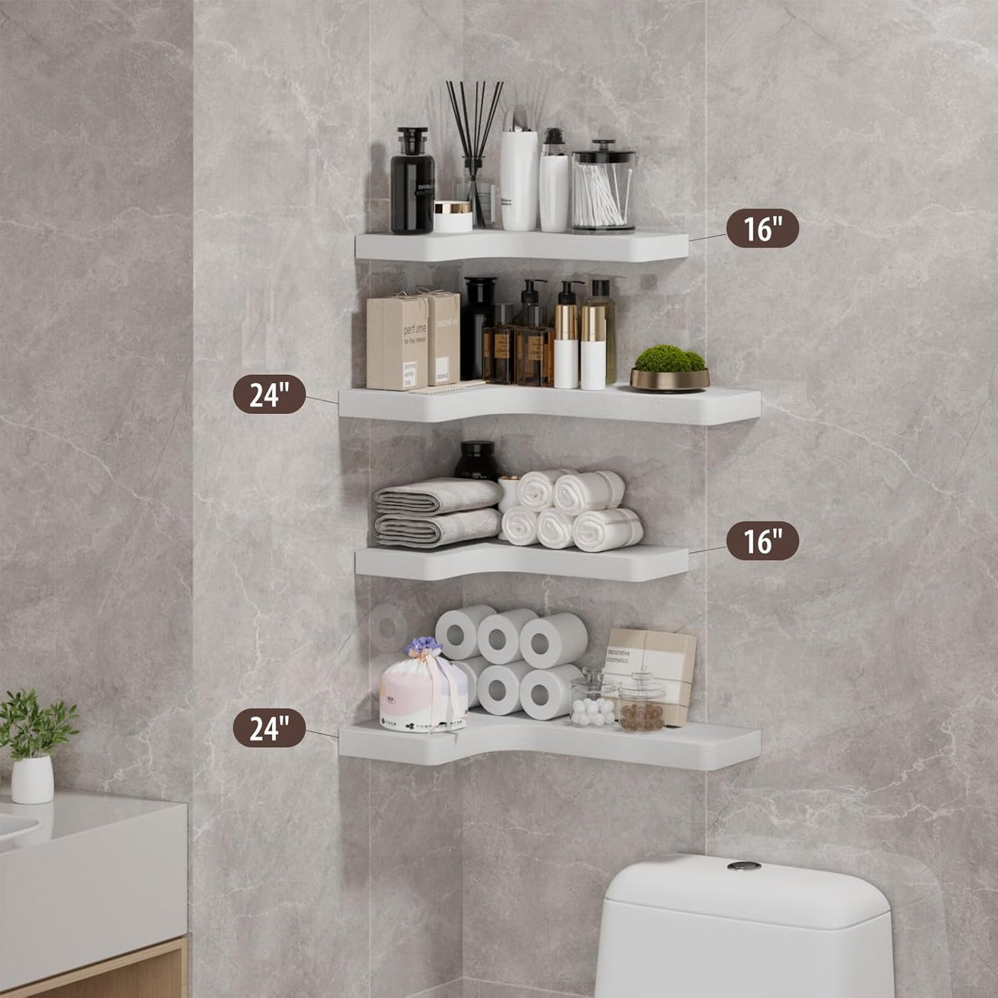 SAUMONIERES Corner Floating Shelves Wall Mount Shelf Solid Wood for Bedroom Bathroom Room Kitchen Storage Set of 3, White, Invisible Brackets