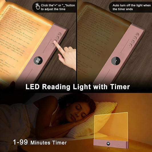 LED Clear Flat Book Light,Rechargeable Clear Flat Panel Reading Lamp with 3 Color Temperatures, Dimmable & Timer, Full Page Illumination for Bedtime Reading, USB-C Charging (Pink)