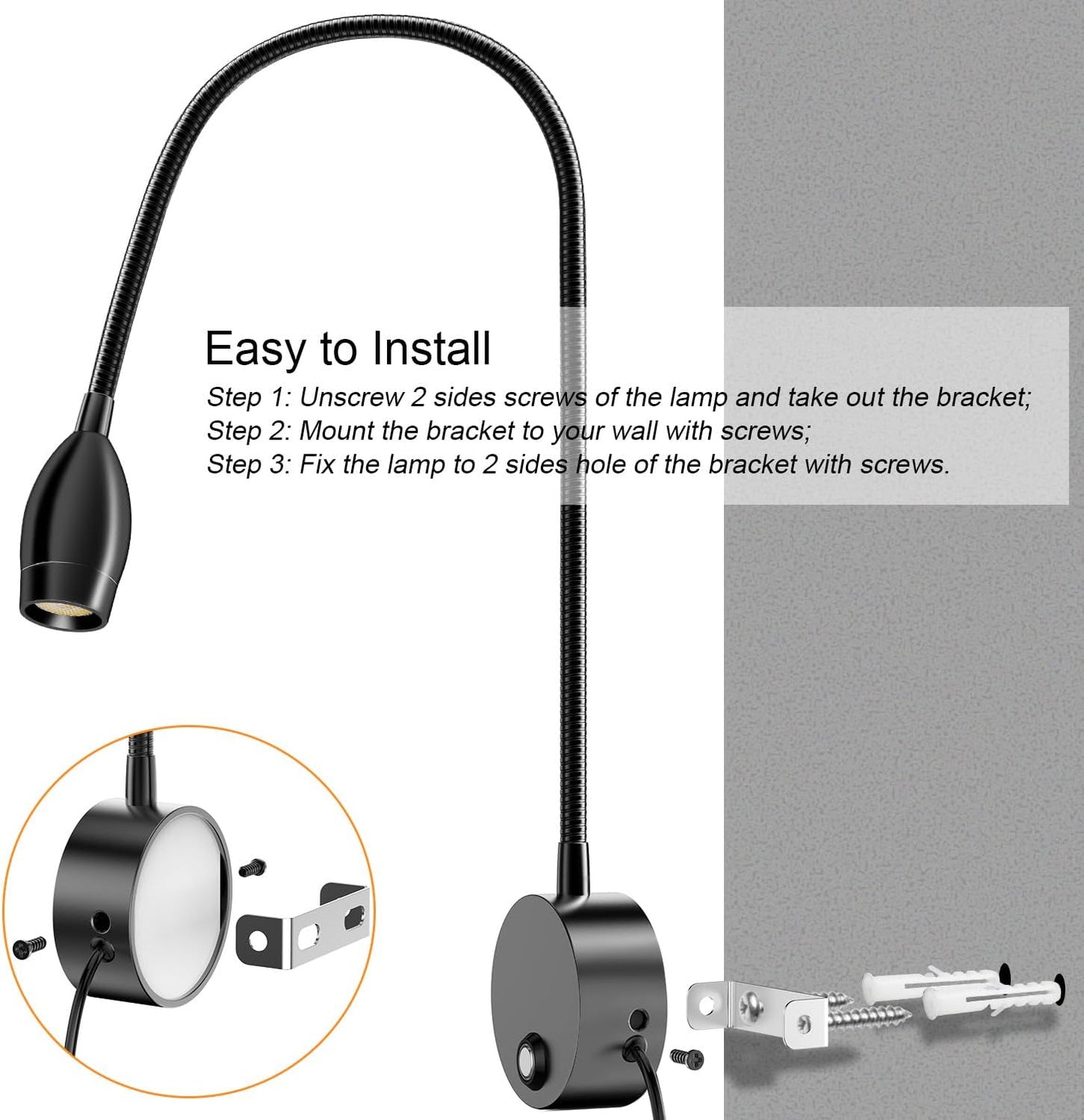 ERAY LED Wall Mounted Reading Light, Bedside Reading Lights for Bed with Touch Control, 3 Dimmable, 360°Flexible Gooseneck Headboard Book Reading Lamp Wall Sconce, 3000k-6000k-2 Pack