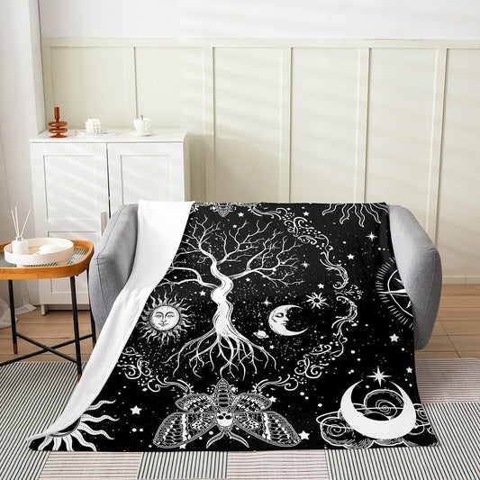 Erosebridal Tree of Life Blanket Hippie Gothic Moth Throw Blanket,Sun and Moon Fleece Blanket Throw 50x60 Psychedelic Galaxy Stars Flannel Blanket,Black and White Fuzzy Blanket Sofa Bed Couch Decor