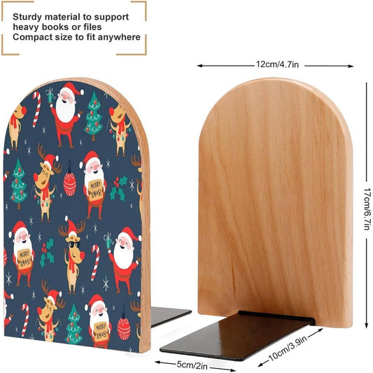 Santa Claus Christmas Wooden Bookend Non-Slip Book Ends Heavy Duty Book Stopper with Metal Base Books Holderd Decorative Bookends Stands Firmly for Office Supplies
