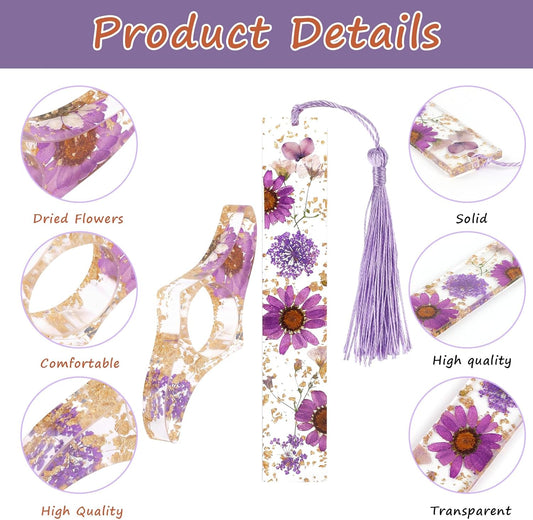 Handmade Bookmark for Women, 4 Pieces Dried Flower Resin Bookmarks with Tassel and Transparent Floral Book Page Holder Set Cute Book Accessories Gift for Reading Lover Students Teachers