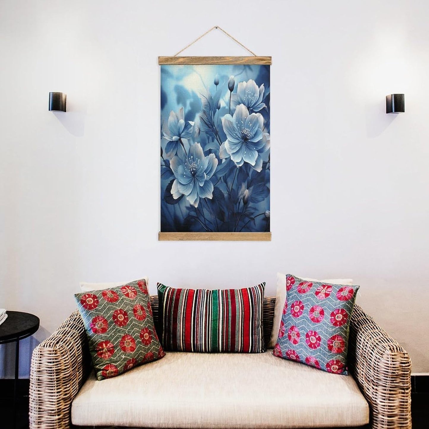 Vintage Blooming Blue Flowers Poster with Wooden Frame Personalized Linen Hanging Scroll Painting Rustic Wall Hanging Illustrative Modern Artwork Decor for Home Living Room Bedroom Office