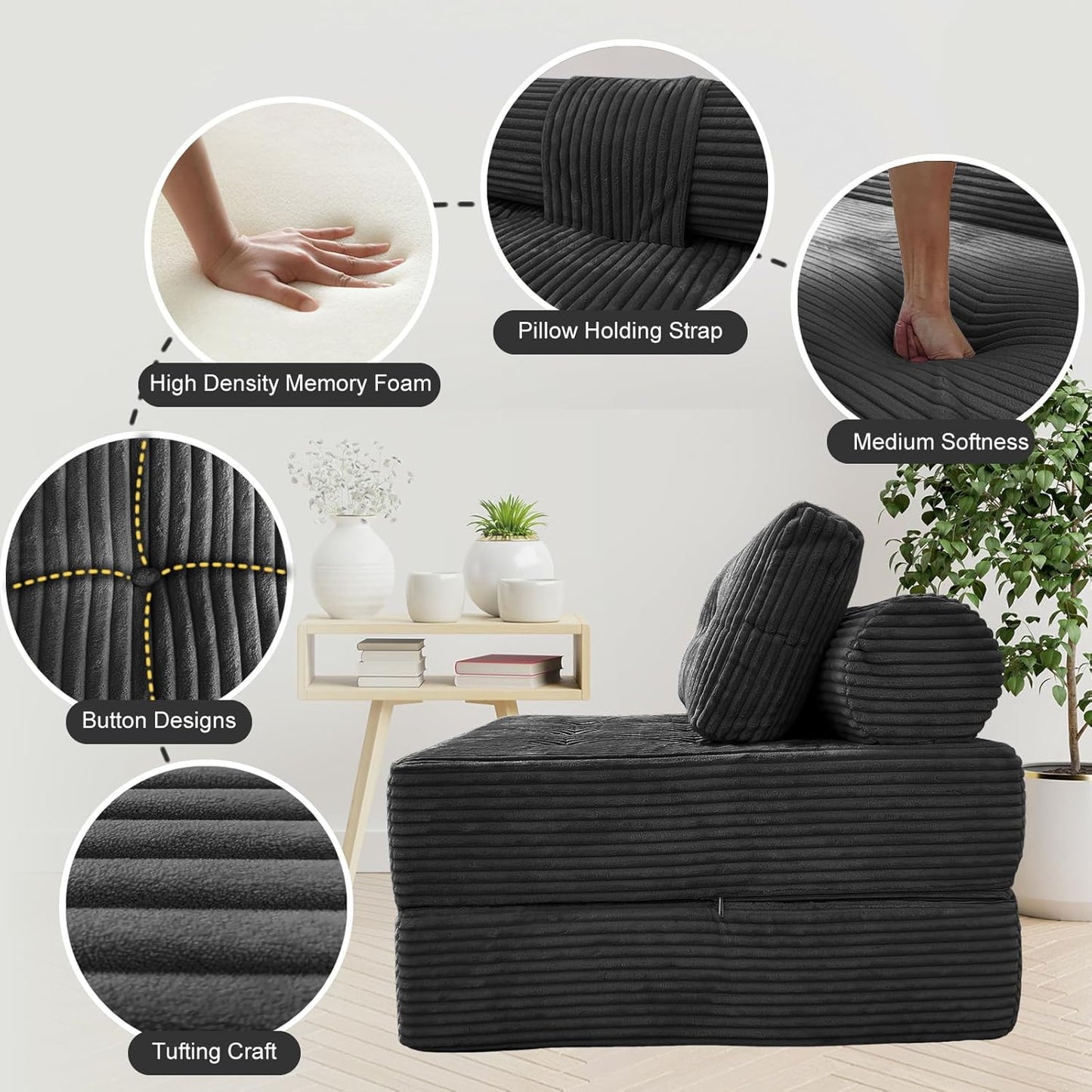 Folding Sofa Bed, Convertible Couch Chair with Pillow, Boneless Velvet Foldable Sleeper Sofa with Back Support, Portable Fold Out Lounger for Living Room, Apartment & Dorm, Dark Grey Corduroy | Lumbar Pillow