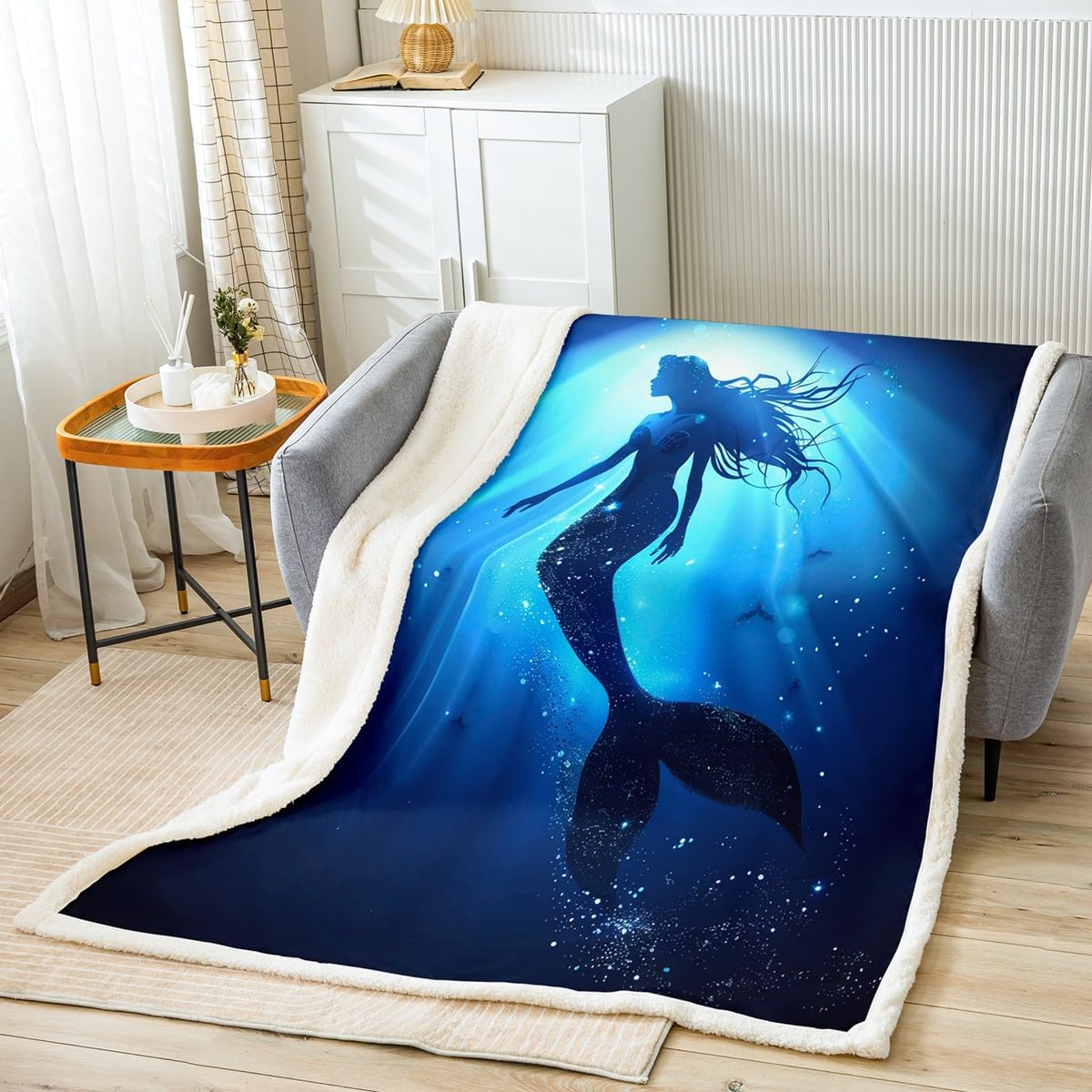 Feelyou Mermaid Sherpa Throw Blanket Ocean Marine Theme Fleece Blanket for Sofa Couch Women Sea Underwater World Fuzzy Blanket Dreamy Creature Sealife Room Decor Baby 30"x40" Blanket