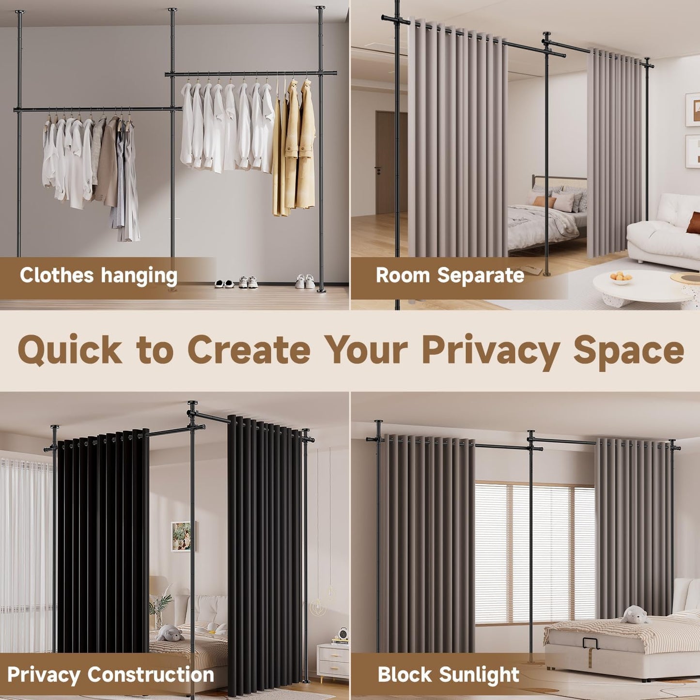 Room Divider for Room Separation (57-145in W), Curtain Rods No Drilling for Bedroom, Freestanding Room Divider Panel Tension Rod, Wall Divider Privacy Screen Partition for Space Separator, Drill Free