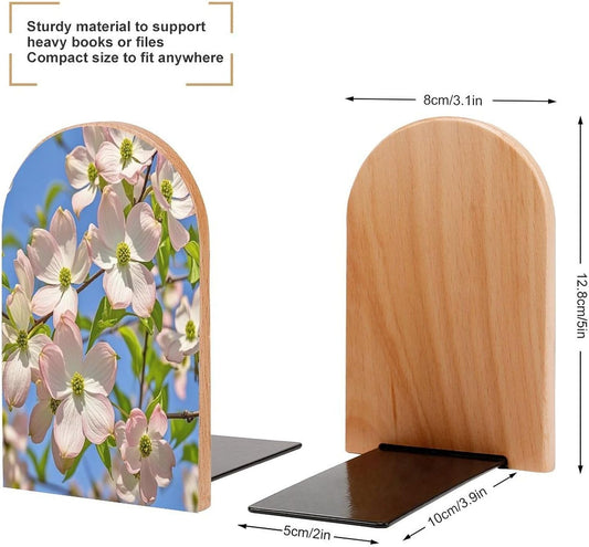 Spring Dogwood Blossoms Bookends 1 Pair Heavy Duty Book Ends for Shelves Non-Skid Bookend Supports Wooden Book Holders with Metal Base Desk Organizers Books Storage to Hold Books