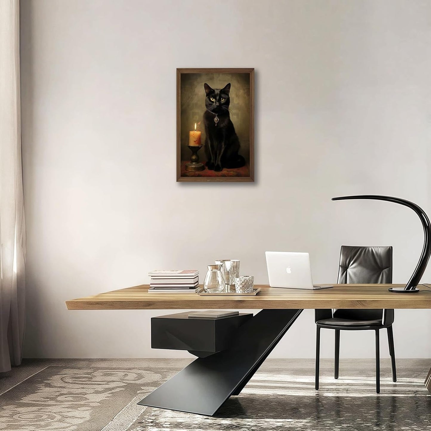 Framed Black Cat Wall Art with Dark Wood Frame – 12x16 Inch Gothic Vintage Cat Canvas Print – Witchcore Witch Aesthetic Painting for Bedroom, Living Room – Dark Academia Decor Poster for Cat Lovers