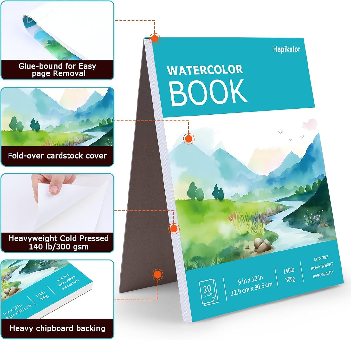 Hapikalor Watercolor Paper Pad, 9"x12" Water Color Paper, 140lb/300gsm Artist Painting Drawing Paper Book, Art Supplies for Adults Kids, Watercolors, Watercolor Paint Set, Sketchbook, Journal, Teal