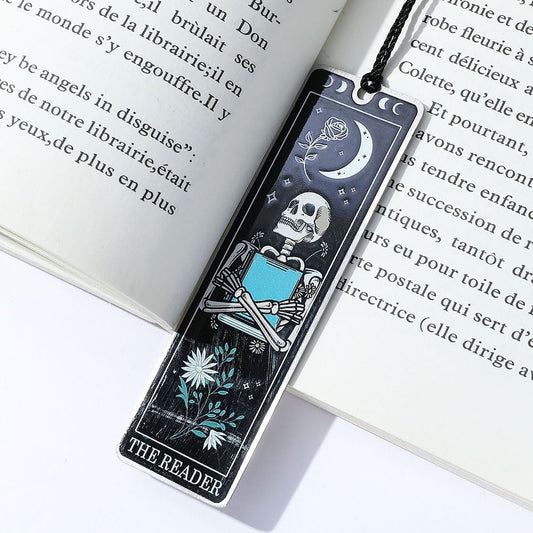 3Pcs Unique Skull Reader Bookmark - Metal Bookmark with Black Tassel, Star and Rose Pattern, Engraved “The Reader” for Dark Gothic Lovers, Women Readers Fantasy Gift Gothic Gift (Black Skull Reader)