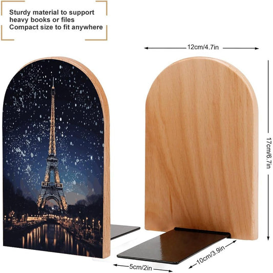 Night Paris Eiffel Tower Bookend for Shelves Wooden Book End Large Size Sturdy Book Holders Stoppers with Metal Base for Bookshelves Slick Decorative Bookends Stands