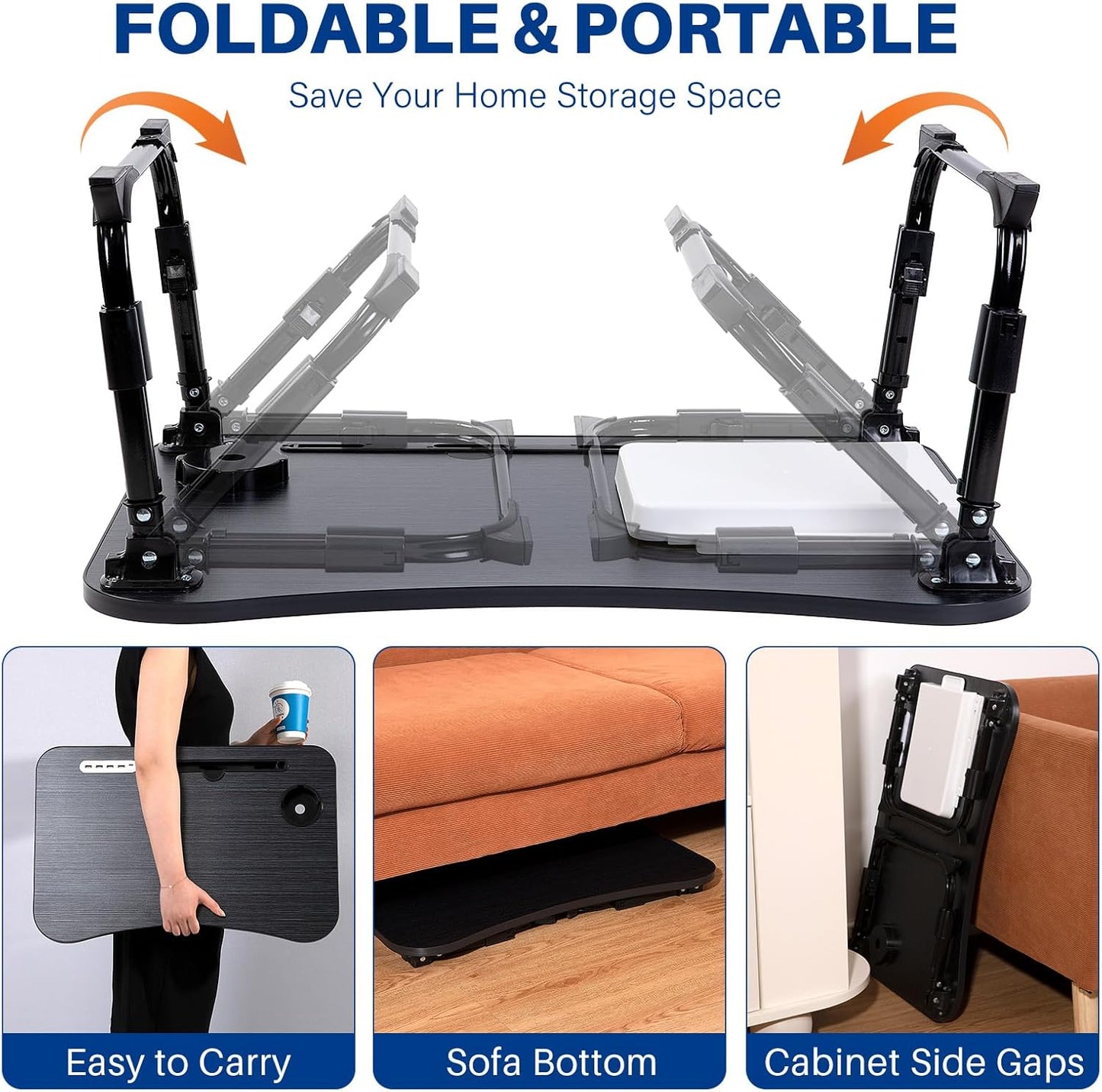 BYMECOST Laptop Desk for Bed, Height Adjustable Laptop Bed Table, Foldable Portable Lap Desk Stand with USB/Storage Drawer/Cup Holder/Slot, Breakfast Tray for Working Reading Writing Eating