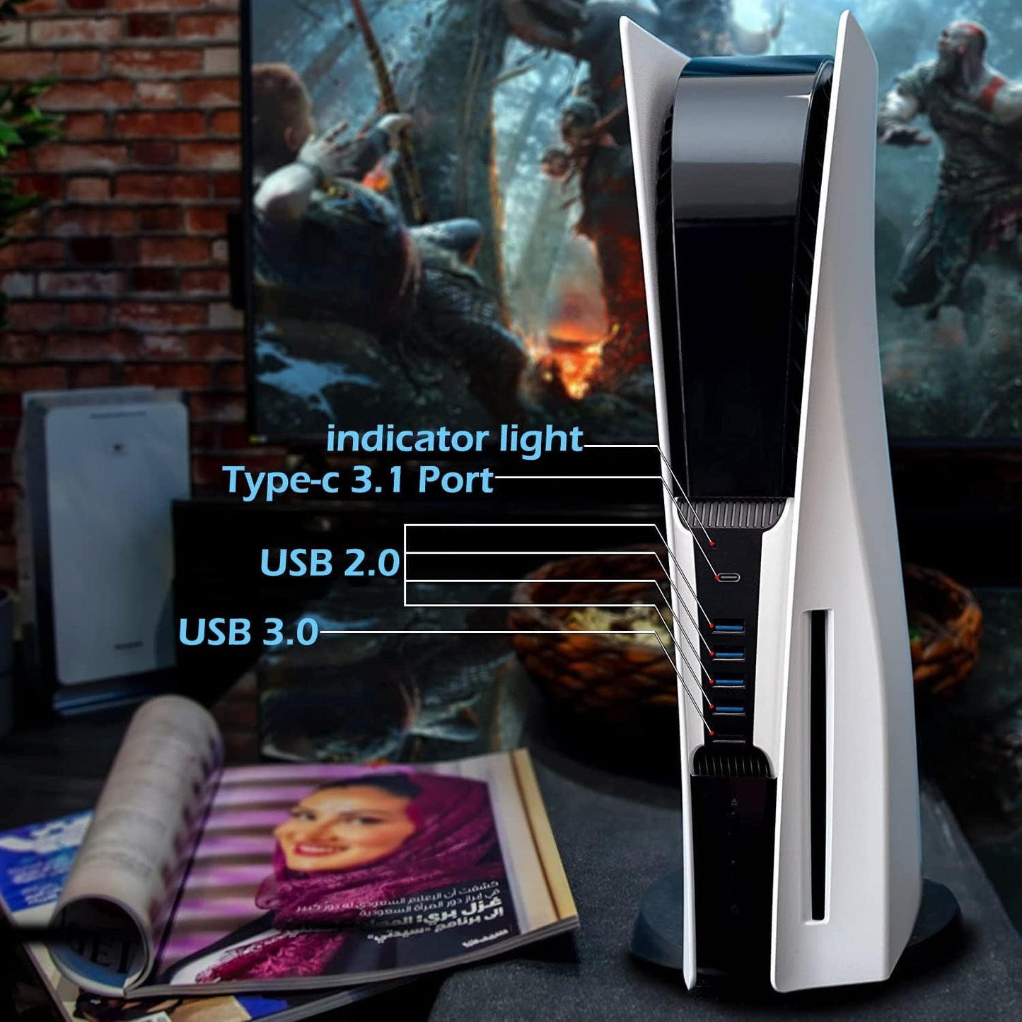5 Port USB Hub for PS5,USB High-Speed Expansion Hub Charger USB Extender Compatible with PlayStation 5 Game Consolewith 4 USB + 1 USB Charging Port + 1 Type C Port