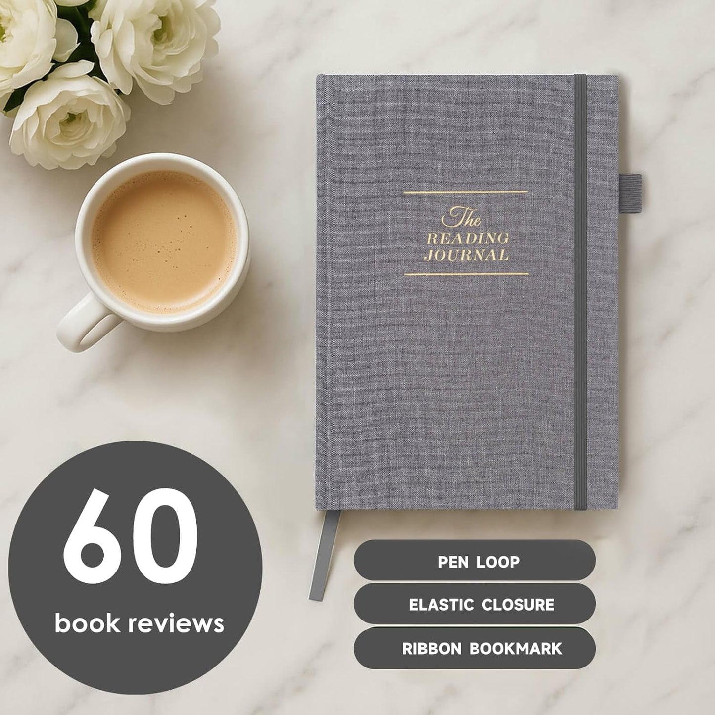 JXSELECT Elegant Reading Journal - 60 Book Reviews Logbook with Pen Holder & Back Pocket - Track Your Reading Progress - Ideal Gift for Book Lovers & Avid Readers (Grey)