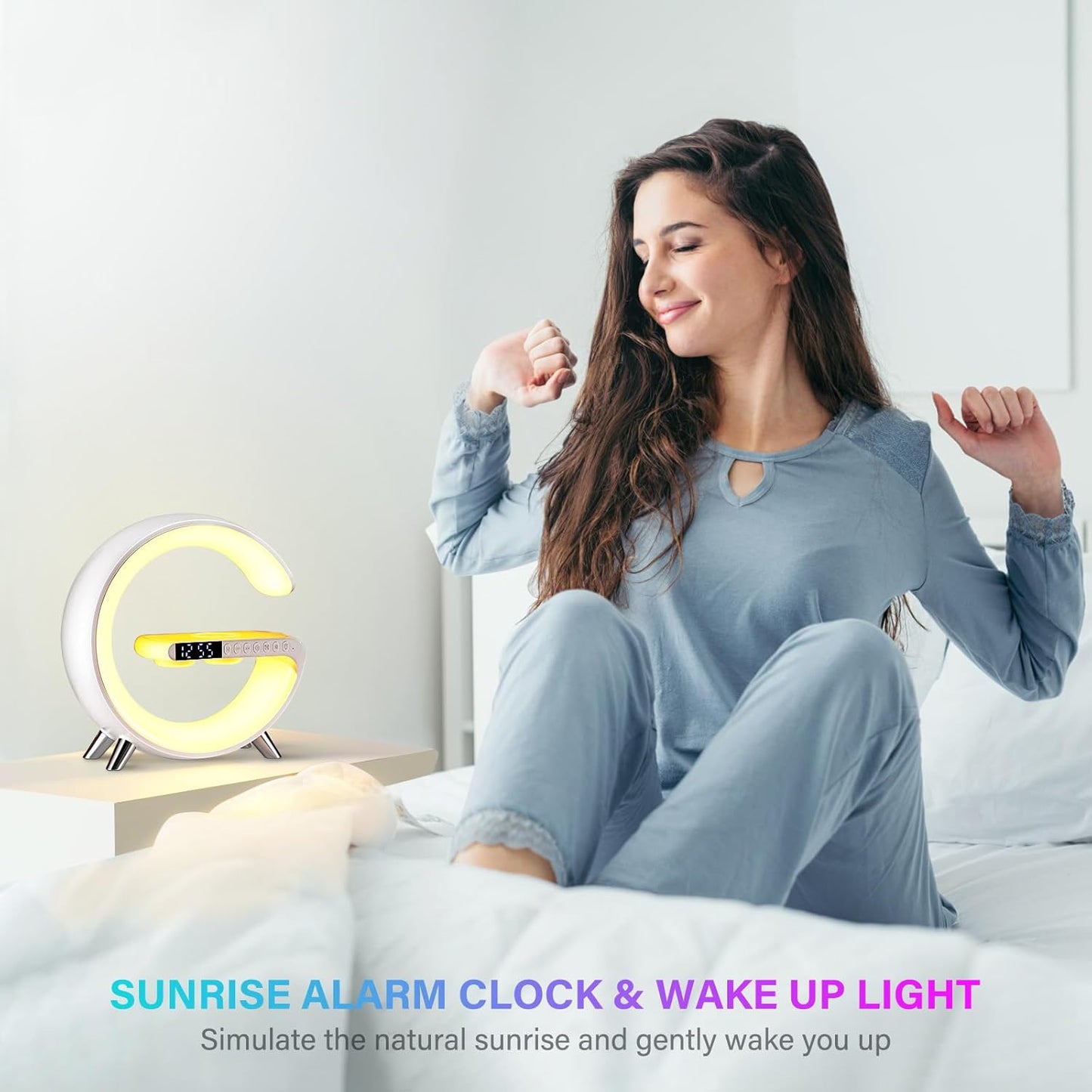 DEECOZY Multi Functional Wireless Charger Atmosphere Lamp, Intelligent Bluetooth Speaker LED Table Lamp,256 Lights Mode Dimmable Night Light Bedside Lamp Alarm Clock with Music Sync App Control(White)