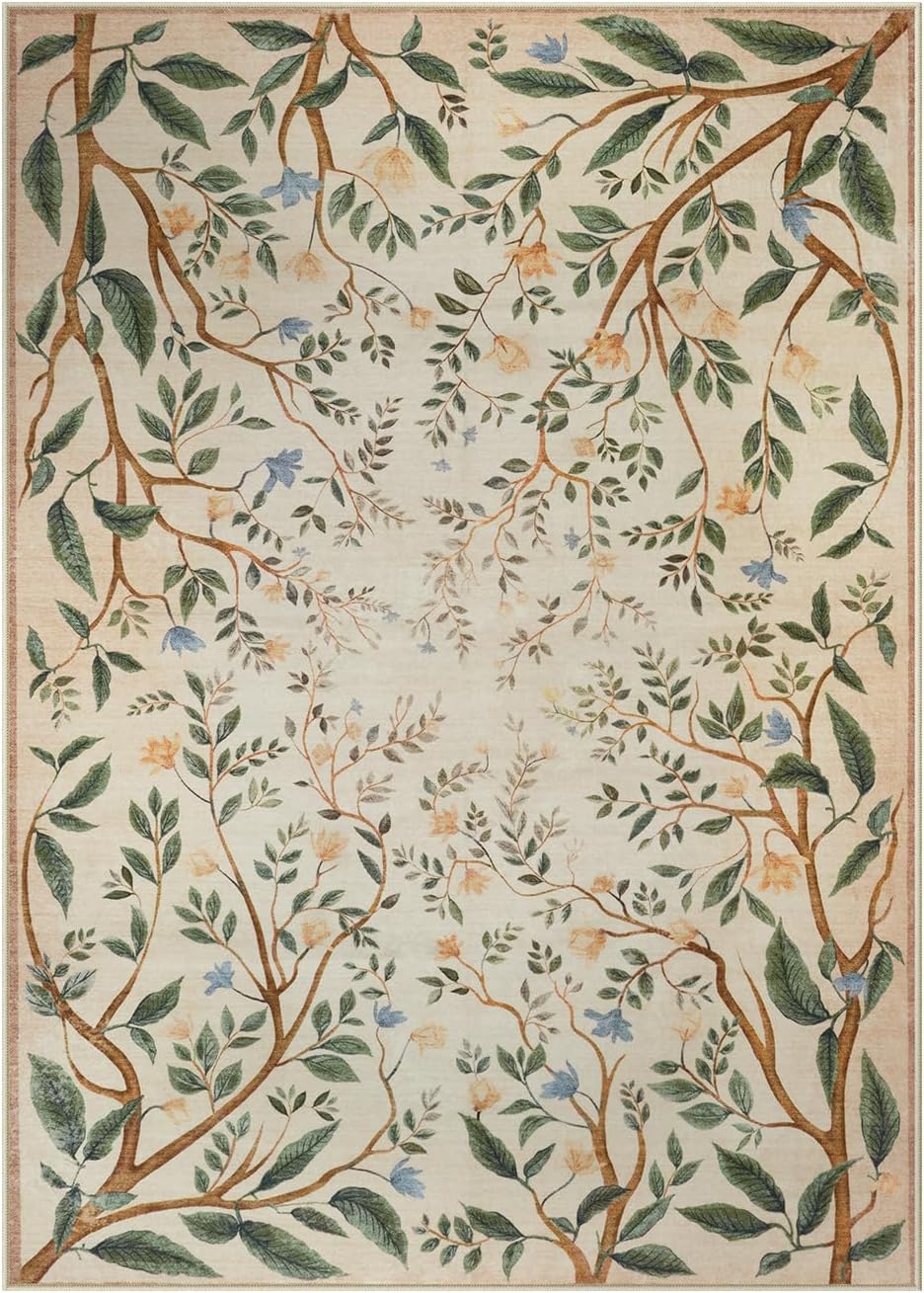 Collive Washable Area Rugs for Living Room, Beige 5x7 Bedroom Rug, Floral Forest Botanical Flourishing Vines Soft Non-Slip Stain Resistant Boho Carpet for Dining Room Office