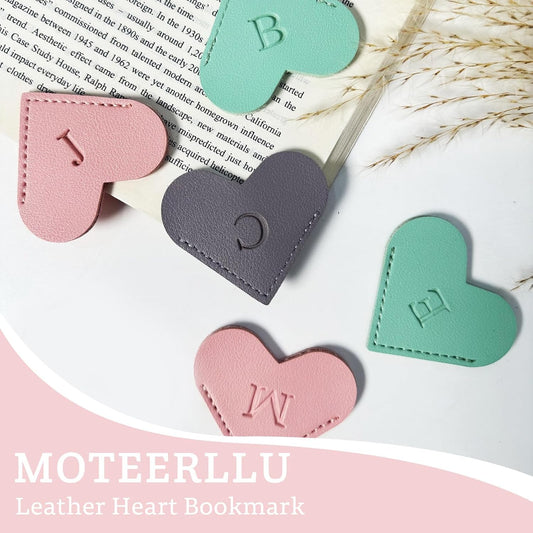 MOTEERLLU Personalized Leather Heart Bookmark with Initials, Handmade, Cute Custom Corner Book Marks for Reading Women, Teachers, Students, Book Lovers Gifts, Book Accessories (Pink, A)