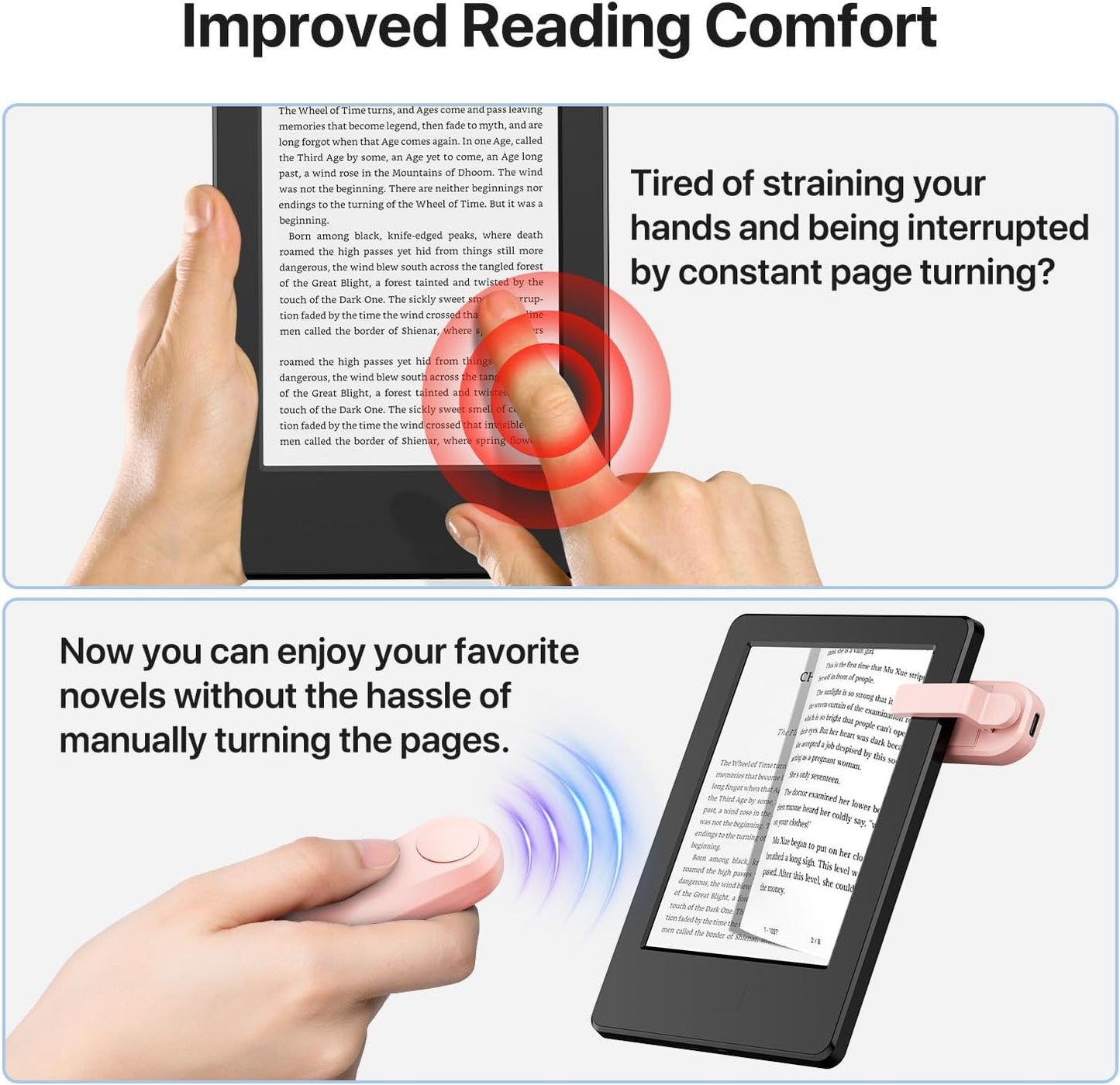 RF Remote Control Page Turner for Kindle Paperwhite Oasis eReaders Kobo,Camera Video Recording Remote Triggers, Page Turner for ipad Tablets Reading Novels Comics (Pink)
