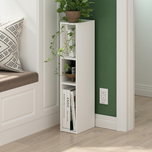 Furinno Fulda Book Shelf, 3-Tier Narrow Bookshelf, Bookcase with 6-in Width Storage Shelf, 9.3 x 5.9 x 31.5, for Living Room, Bedroom, Home Office, Plain White