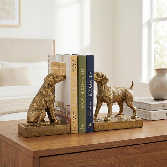 Decorative Bookends for Shelves, Labrador Dog Book Ends for Heavy Books, Lab Dog Statues Bookends for Heavy Books with Anti-Slip Base Book Holders for Home Office Decor (Gold)