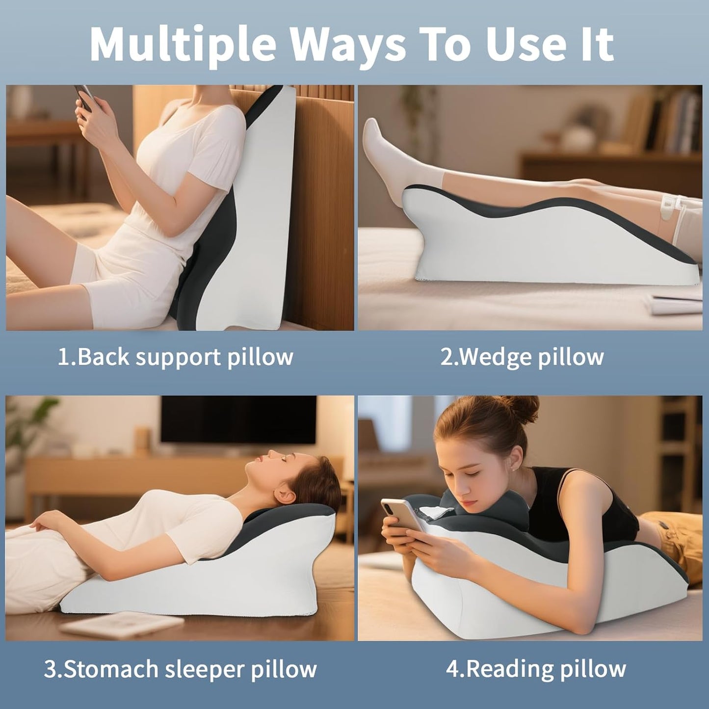 Ergonomic Wedge Prone Pillow,Multi-Functional Memory Foam Bed Pillow,Reading Pillow,Ideal for Bed Breaks,Sitting Up,Back Support,Sleeping,Anti Snoring,Back and Leg Pain Relief