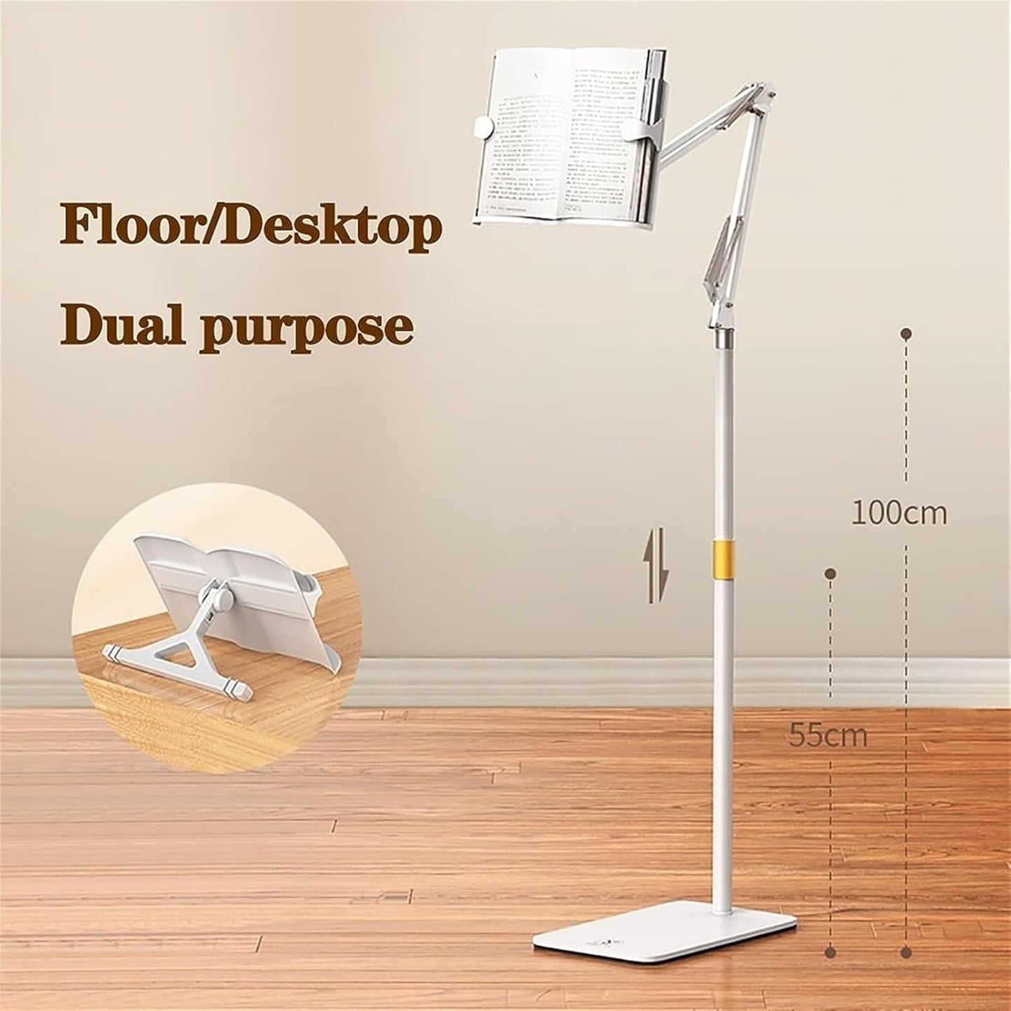 Floor Stand for Book Reading,Book Stand Height Adjustable,Extra Large Sturdy Rolling Lectern Stand,Cookbook Reading Desk Portable Sturdy Lightweight Bookstand-Textbooks Books (White) (White )