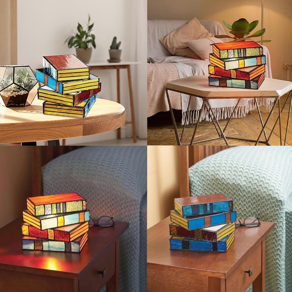 RERUICO Stained Glass Stacked Books Lamp Vintage Desk Lamp Small Reading Book Lamp Decor Stained Glass Nightlight