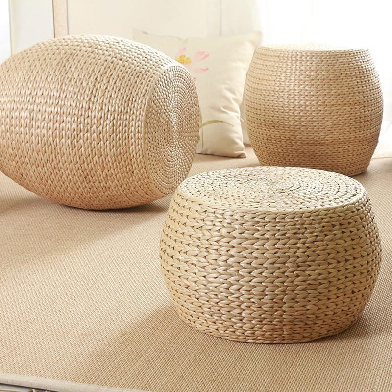 Natural Straw Round Pouf Ottoman, Handwoven Boho Footstool with Wood Frame for Living Room Bedroom Patio Garden (12.2"x12.2"x8.7")