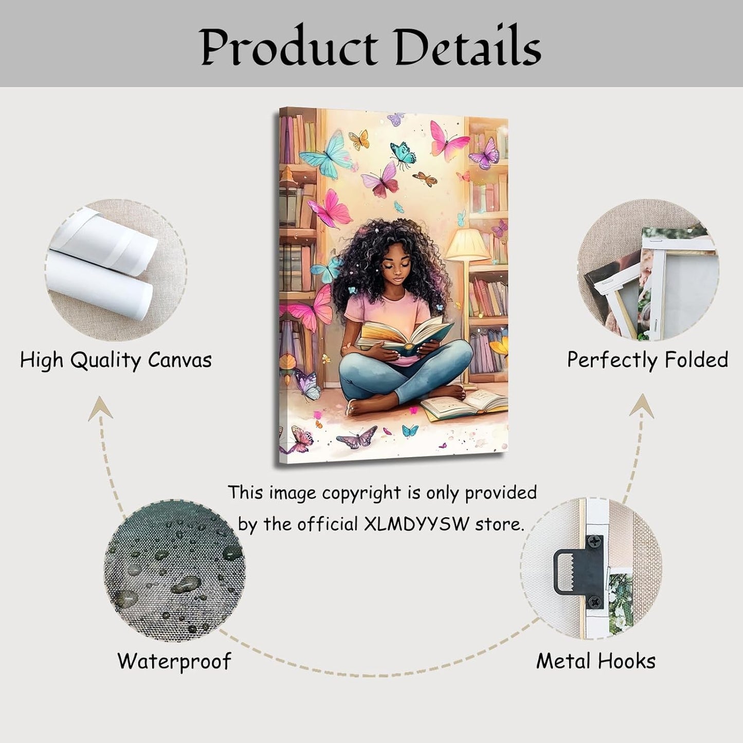XLMDYYSW African American Wall Art Colourful Black Girl Reading Book Pictures Black Woman Canvas Prints Watercolor Butterfly Painting for Bedroom Decor Framed (Pink, 18L x 12W)