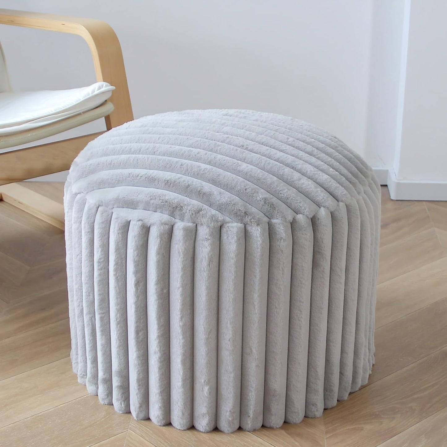 Round Stuffed Pouf Ottoman, Stripe Faux Fur Footrest with Dual Layer Comfort, Removable Washable Cover, 20" Plush Floor Pouf for Living Room Bedroom Dorm Vanity Chair Under Desk, Gray