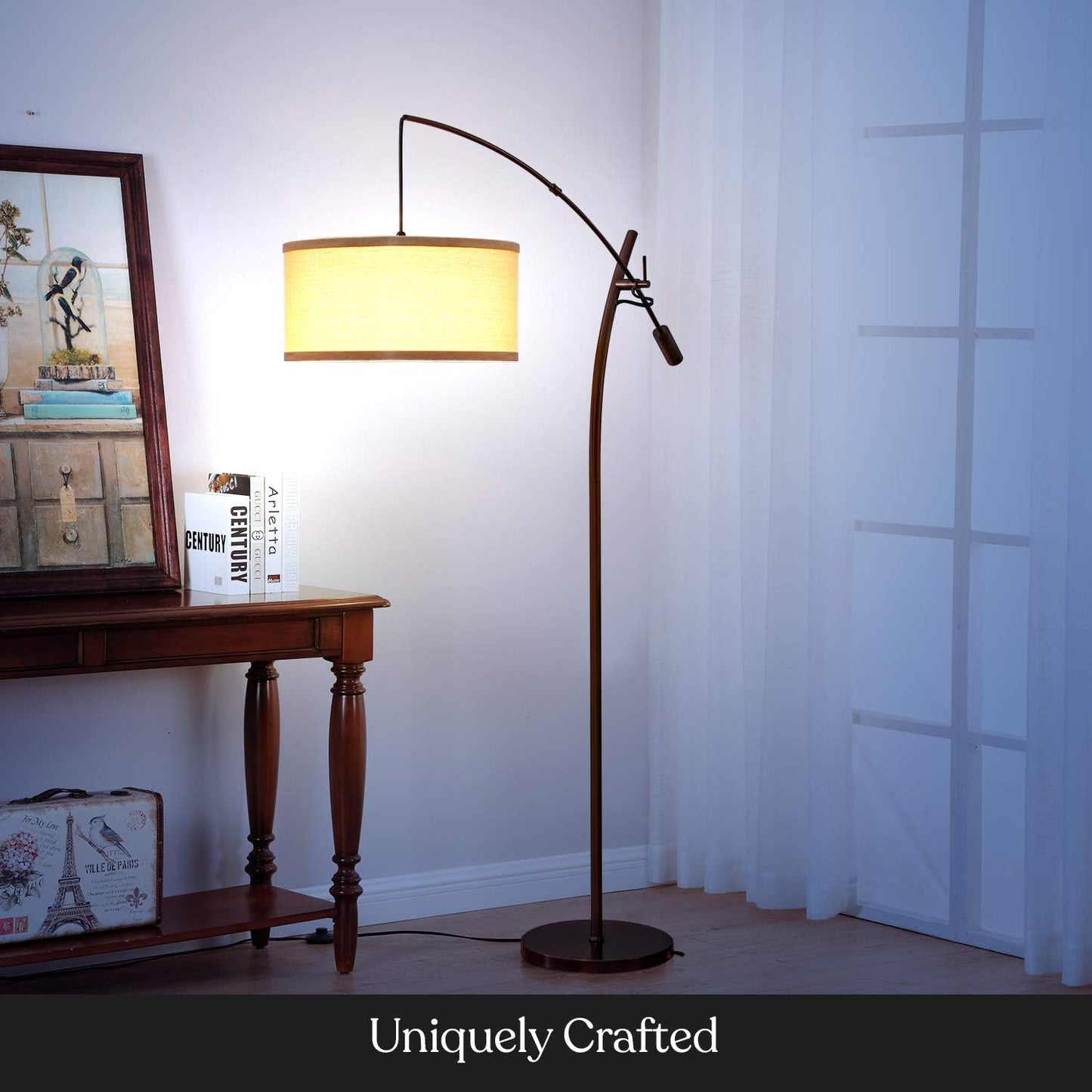 Brightech Grayson LED Floor Lamp, Modern Arc Lamp with Linen Shade for Office & Living Room, Tall, Height Adjustable Industrial Standing Lamp for Bedroom Reading, Over The Sofa - Bronze