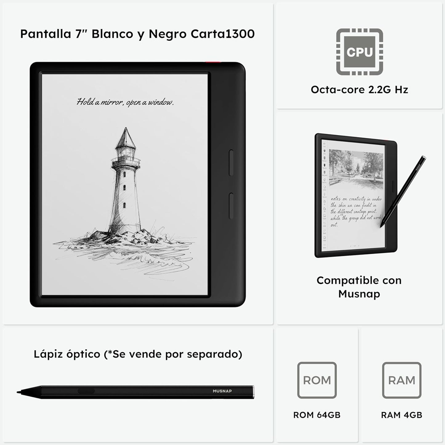 Ocean 64GB+4GB 7”eBook Reader Supports Handwriting, 7”E-Ink Paper Tablet with Long Battery Life for Reading and Writing (Not Included Musnap Stylus Pen)