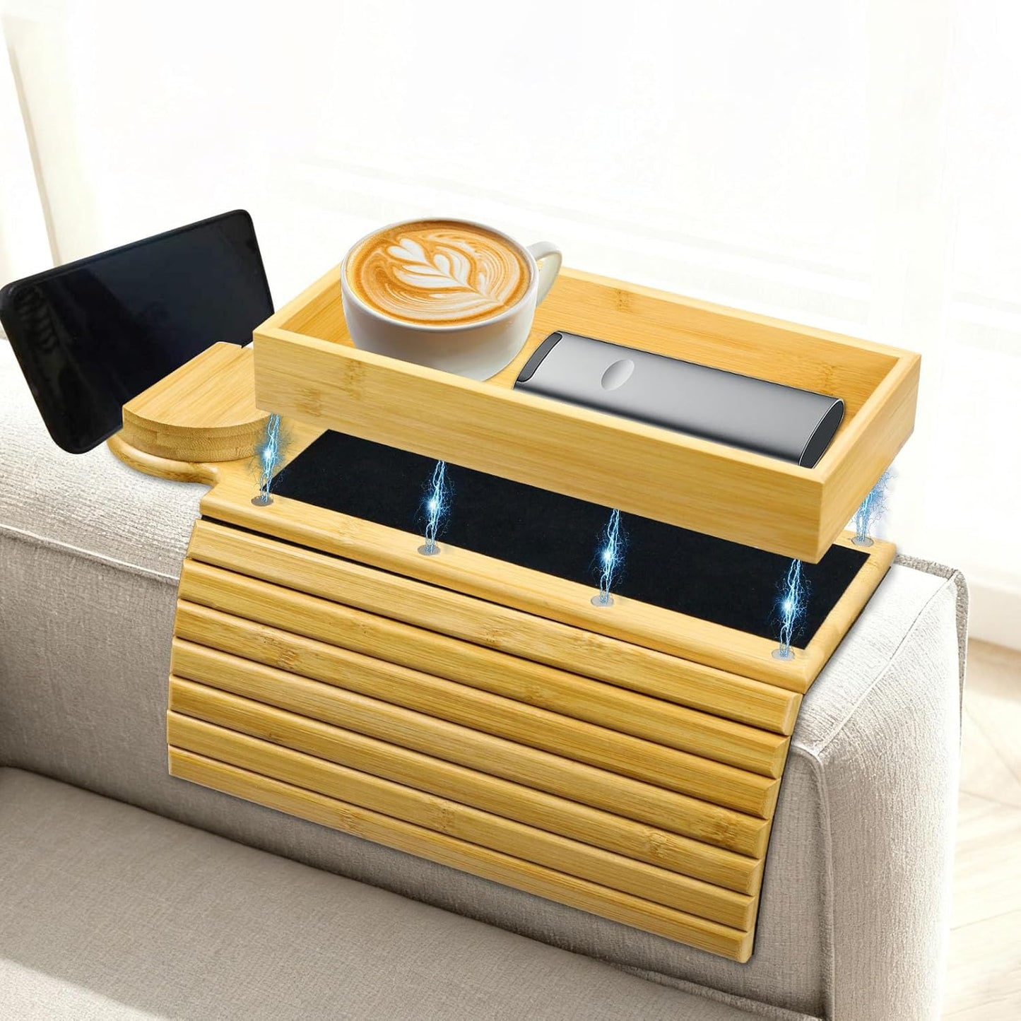 Couch Armrest Table, 3-in-1 Magnetic Removable Sofa Handrail Table,Bamboo Sofa Cup Holder for Meals, Beverages and Mobile Phones (Natural)