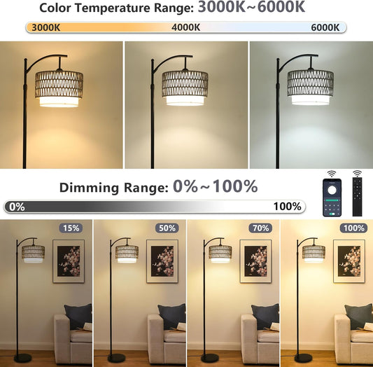 Floor Lamps for Living Room, Arc Standing Lamp with Remote & Dimmable Bulb, Boho Rattan Floor Lamp for Bedroom with 3 Color Temperatures, Farmhouse Tall Lamp, Height Adjustable Stand up Lamp