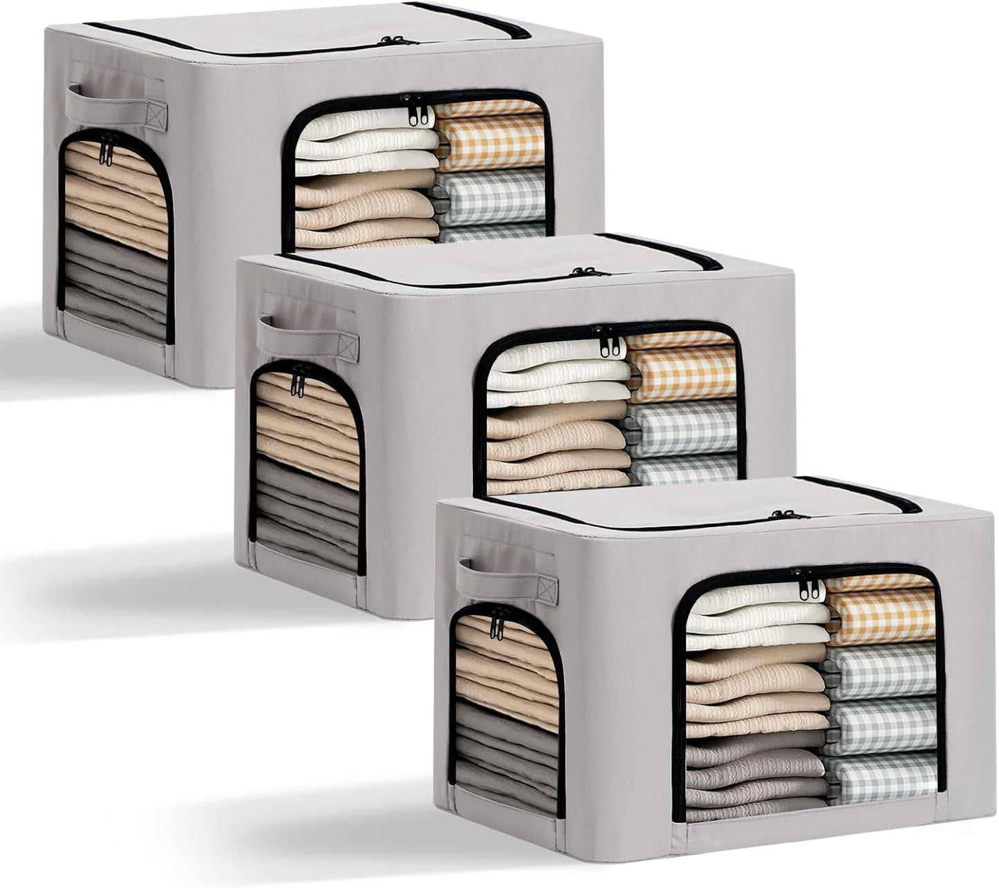 3-Pack Clothes Organizer Bins with Metal Frame, Foldable 40L Linen Storage Boxes with Lids, Clear Windows, Zippers & Durable Handles (Light Gray)