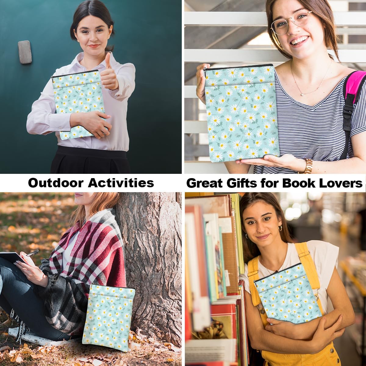 Daisy Pattern Book Lovers Gifts Waterproof Book Sleeve Book Pouch Book Protector with Zipper and Front Pocket BookCover Case for Women Girl Readers Librarian Book Accessories Book Club Gifts