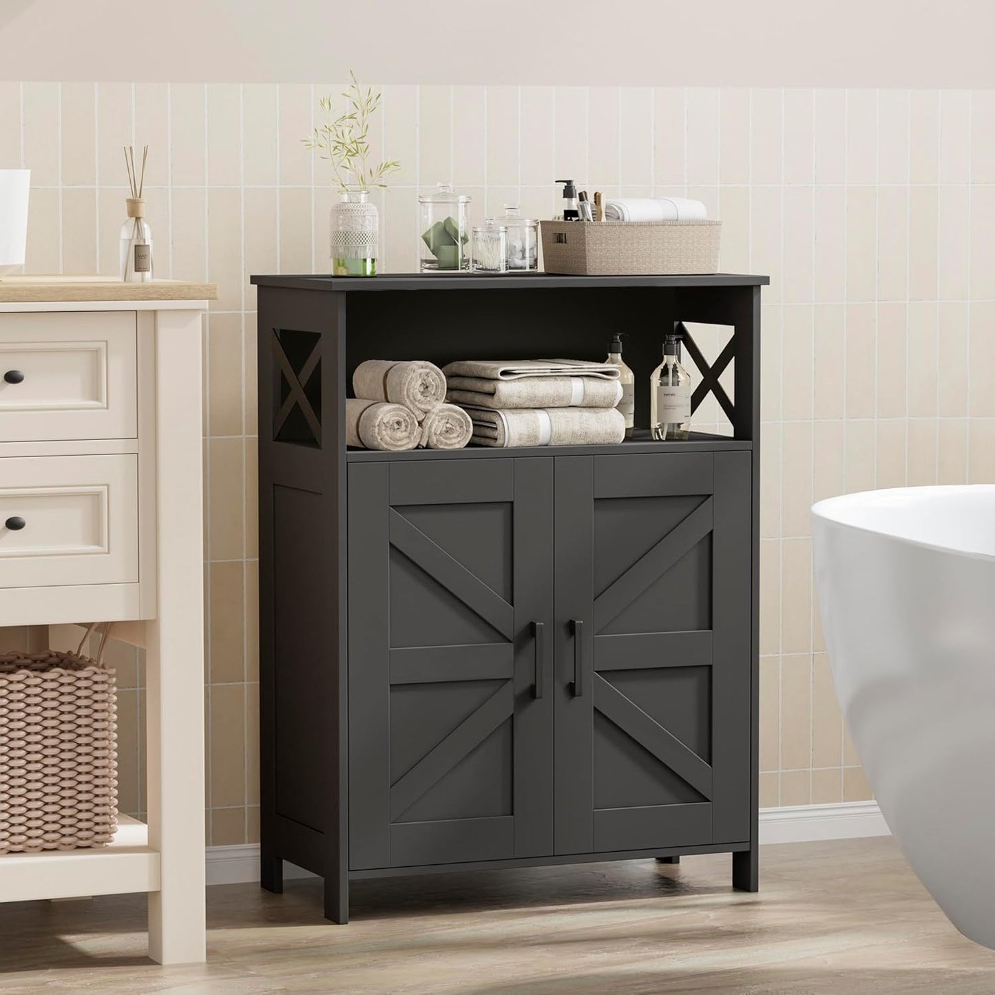 Homhedy Farmhouse Bathroom Storage Cabinet with 2 Doors, Toilet Paper Cabinet with Adjustable Shelves, Small Bathroom Cabinet for Kitchen/Laundry/Living Room, 11.8 x 23.6 x 31.5 Inches, Black