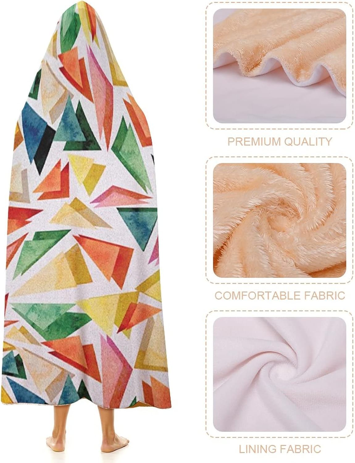 Throw Blankets, Watercolor Wearable Hooded Blanket for Adults, Triangle Pattern Rainbow Color Palette Abstract, Soft Warm Cozy, 50 x 60inches, Studying Reading Snuggling Napping Office, Multicolor