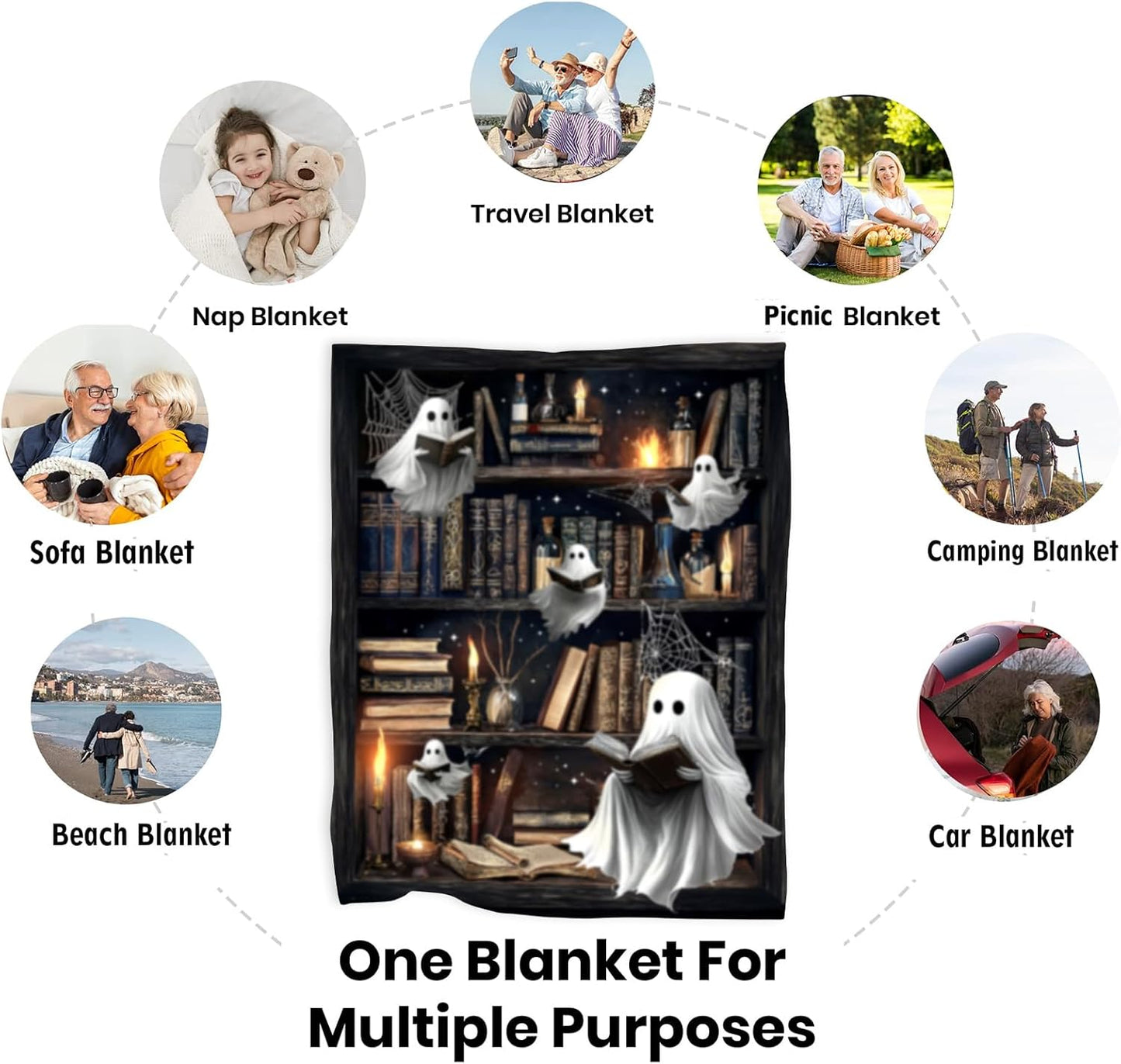 Halloween Throw Blanket Funny Cute Ghost Blankets Black and White Horror Ghost Reading A Book Warm Cozy Soft Flannel Fleece Blanket for Kids Adults Couch Bed Sofa Travel Camping All Season 40"X60"